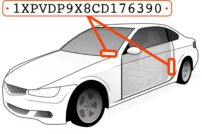 Auto ze strzałkami do miejsc z numerem VIN: róg przedniej szyby i słupek drzwi kierowcy